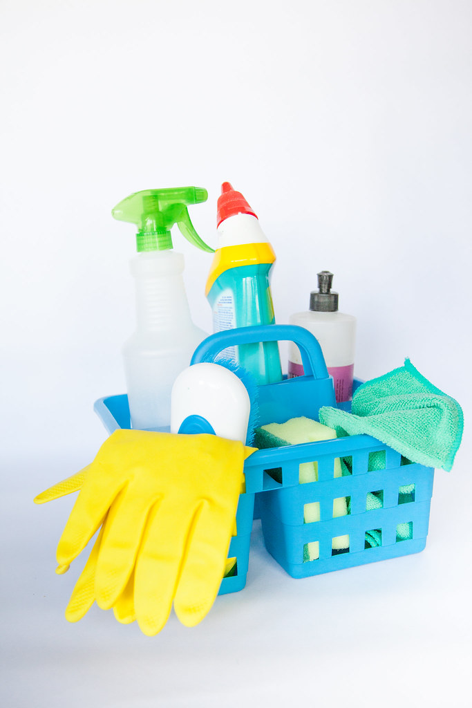 Cleaning supplies organized for guest-room turnover